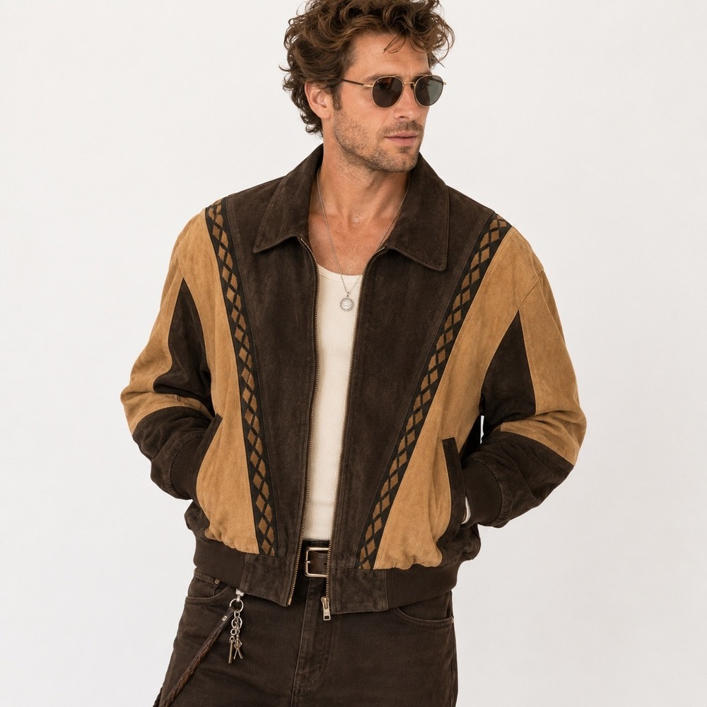 VTG Leather Colorblock Suede Bomber Jacket Men L Brown Western 90s Streetwear